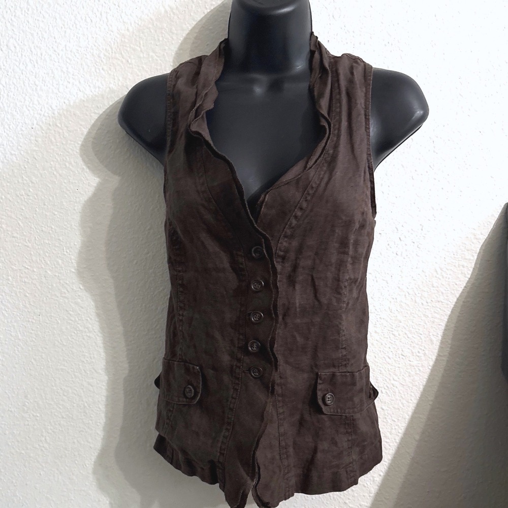 Linen Vest L Brown Dark Academia Ruffle Collar Indie Fairy Forest Whimsy Pirate